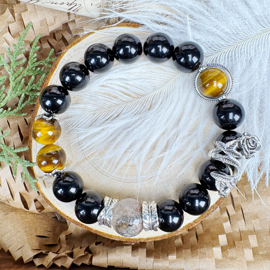#4[Evil-repelling, Disaster-averting, Presence] Yellow Tiger's Eye + Obsidian