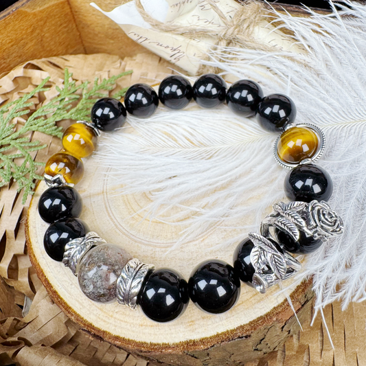 #4[Evil-repelling, Disaster-averting, Presence] Yellow Tiger's Eye + Obsidian